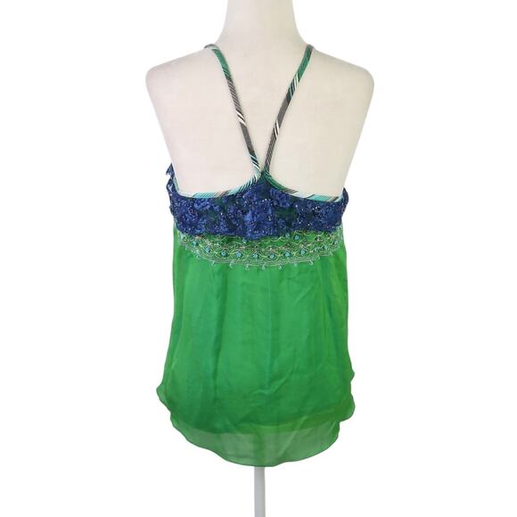Vintage Y2K Free People Green Silk Turquoise Beaded Tank Top 2 - Picture 5 of 10